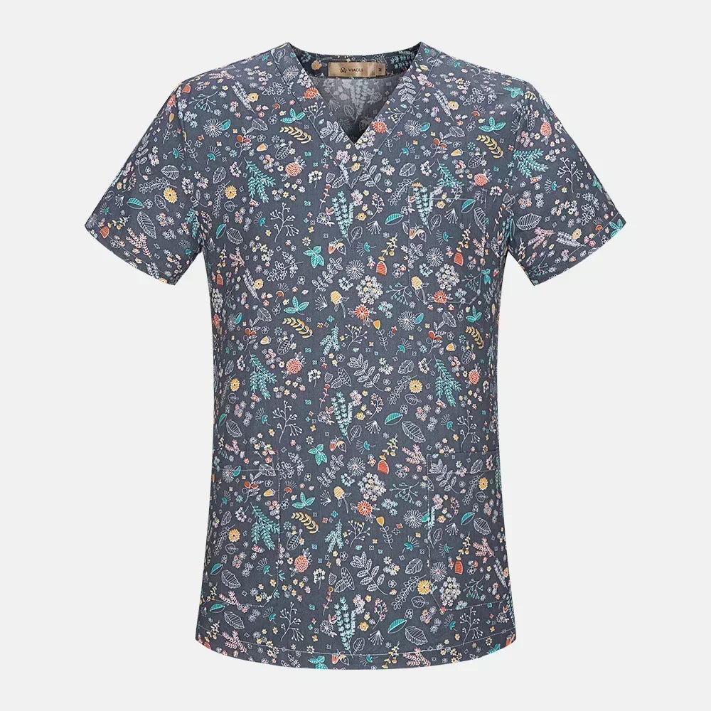 Nurse Uniforms Women Print Short Sleeve V-neck Scrubs Working Medical Blouse Overalls Uniforms Medical Nursing Spa Pet Dentistry