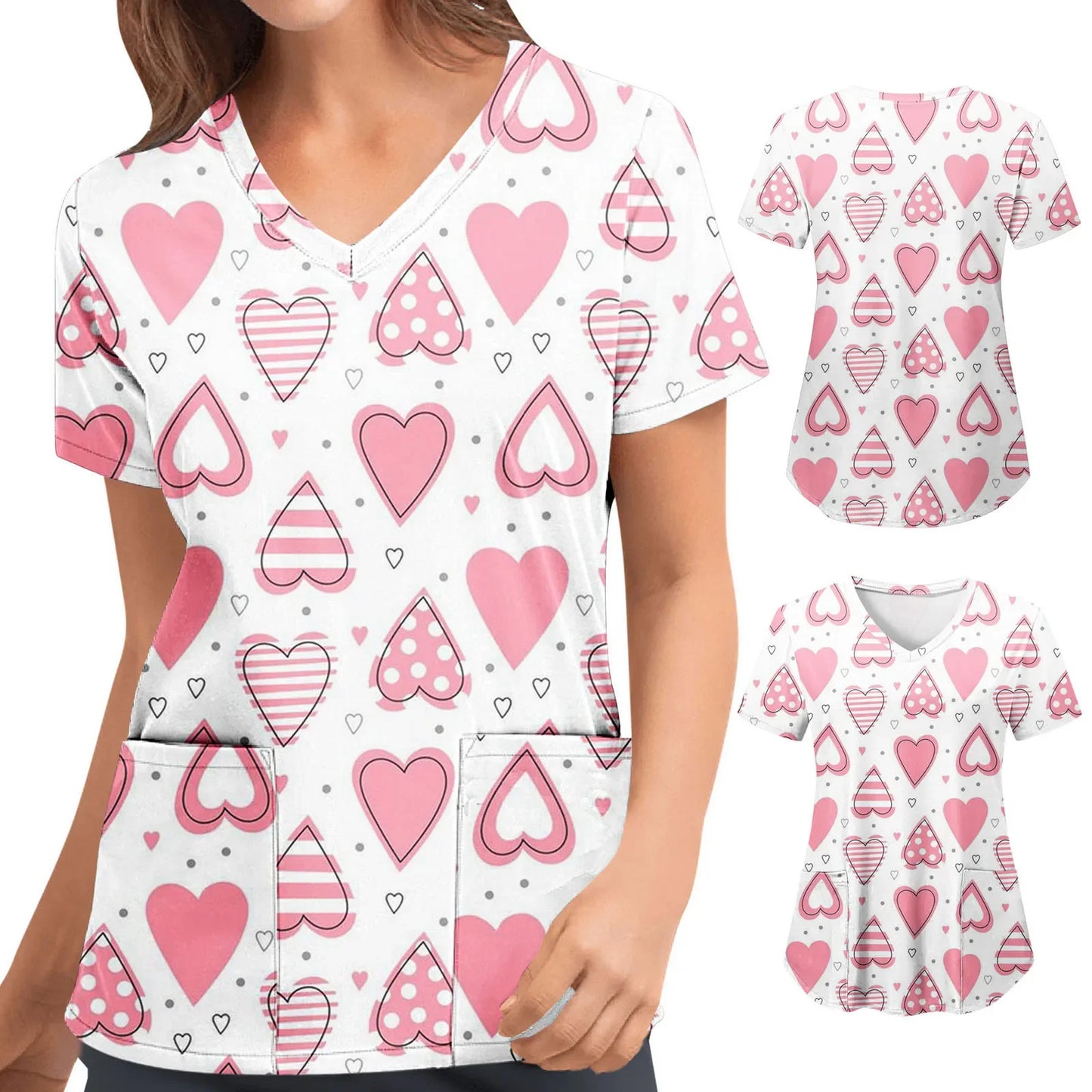 Womens Scrubs Nursing Top Cute Heart Printed Short Sleeve Neck Tops Care Working Uniform Blouse Shirt Nurse Pockets Uniforme