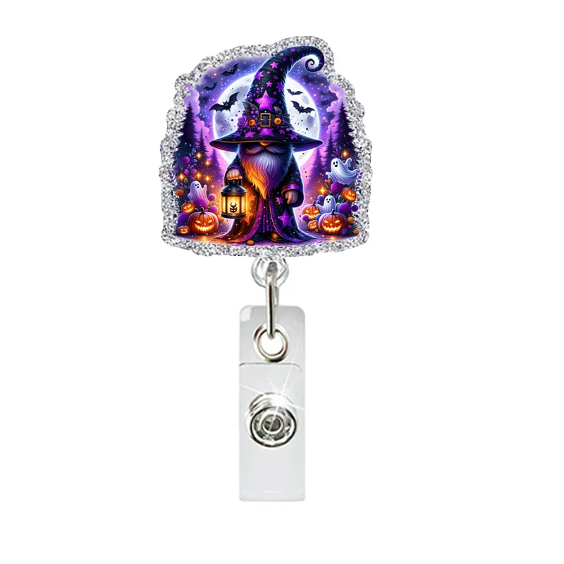 New Glitter Acrylic Halloween Gnomes Badge Reels Retractable ID Badge Holder With 360 Rotating Alligator Clip Name Holder