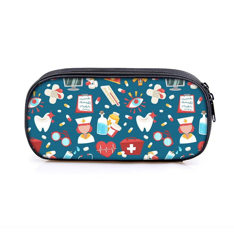 Cute Doctor Nurse Uniform Print Cosmetic Case Pencil Bag Medical Stethoscope Syringe Pencil Box ECG Hospital Stationary Bags