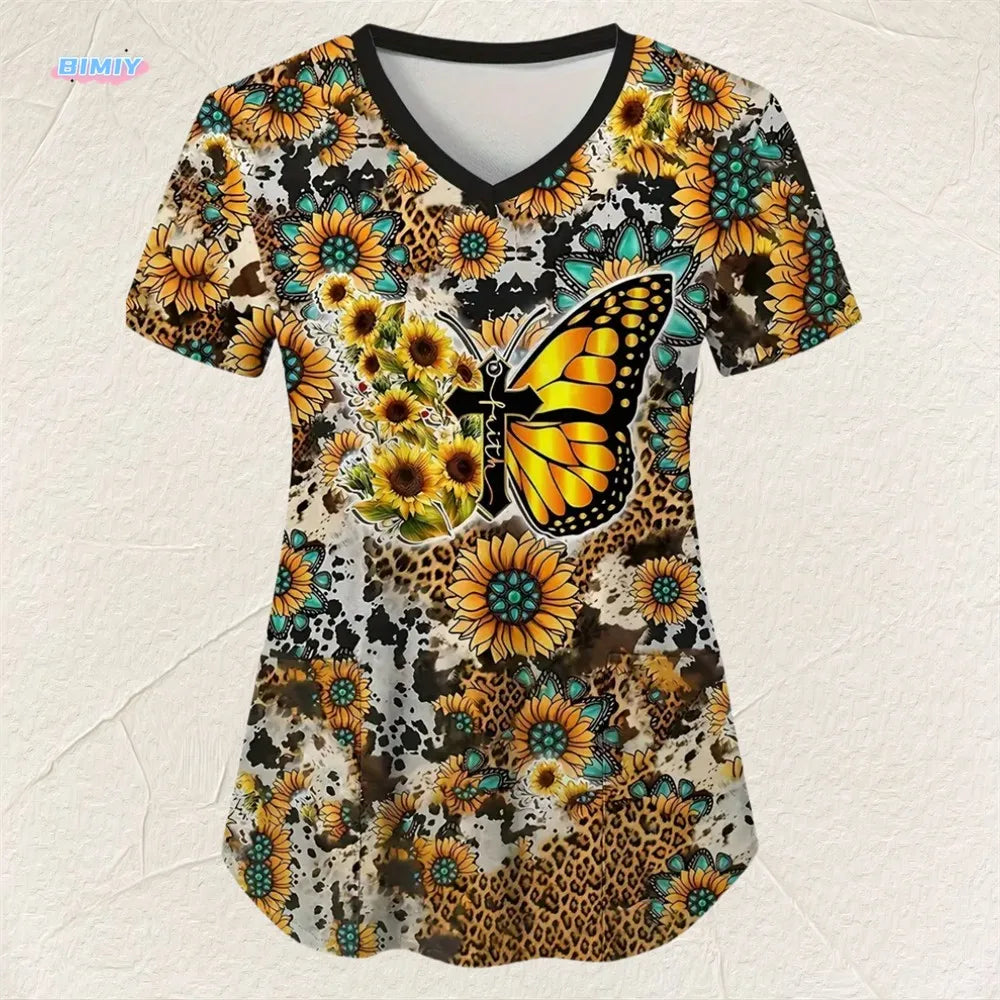 Flirty Floral V Neck T-shirt - Short Sleeve Medical Top with Stylish Pocket - Perfect for Spring & Summer - Womens Casual Comfor