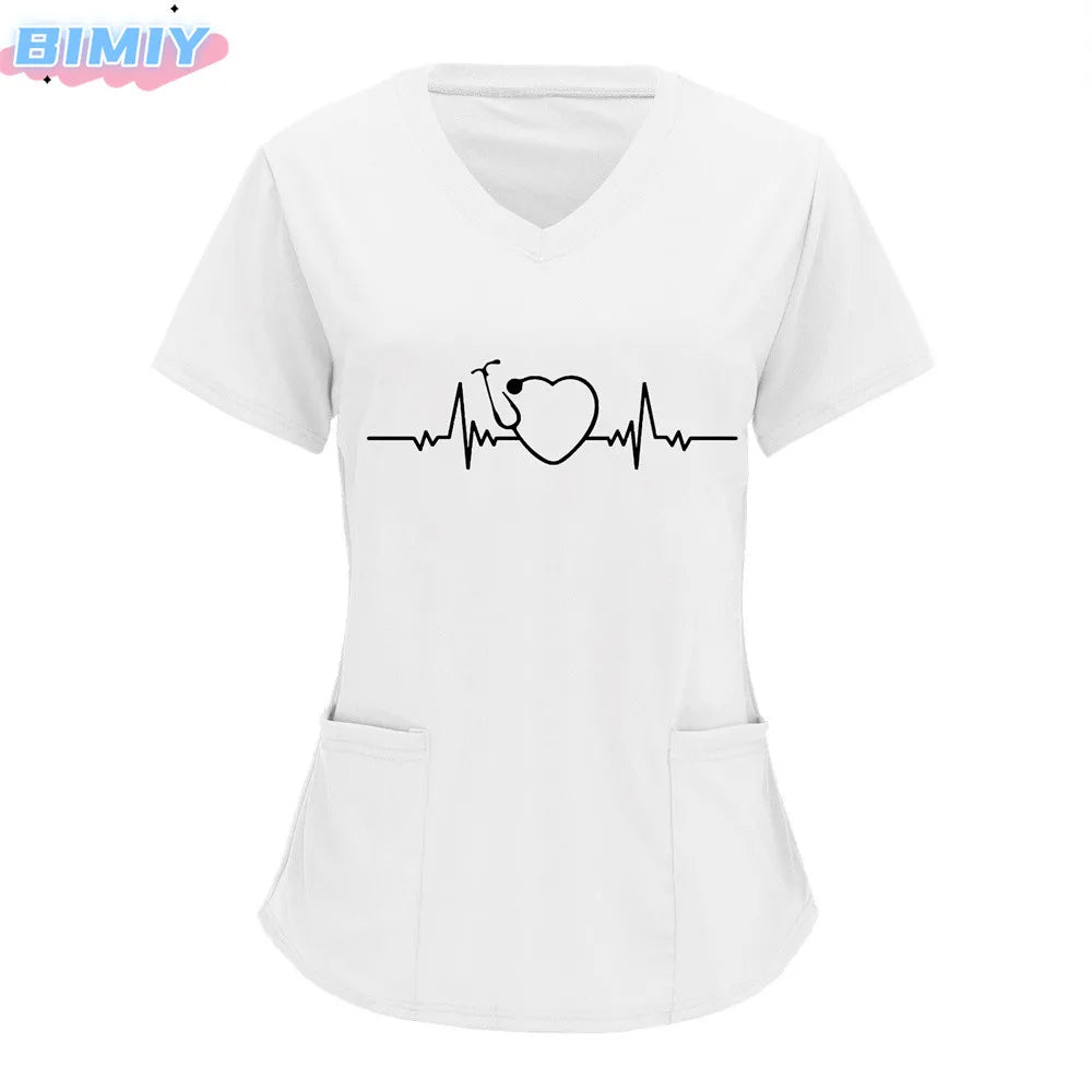 Letter Love Heart Nurse Uniform Print Tops V-Neck Pocket Medical Uniforms Nursing Scrubs Tops Working Clothes uniforme enfermera