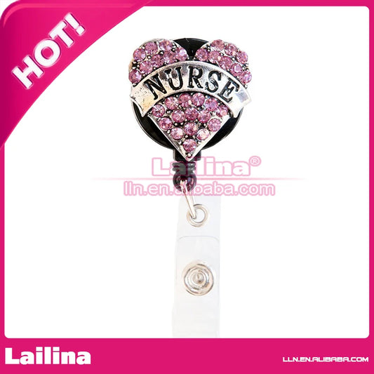 Fashion Decorative Rhinestone Retractable Pink Heart ID Badge Holder/Badge Reel