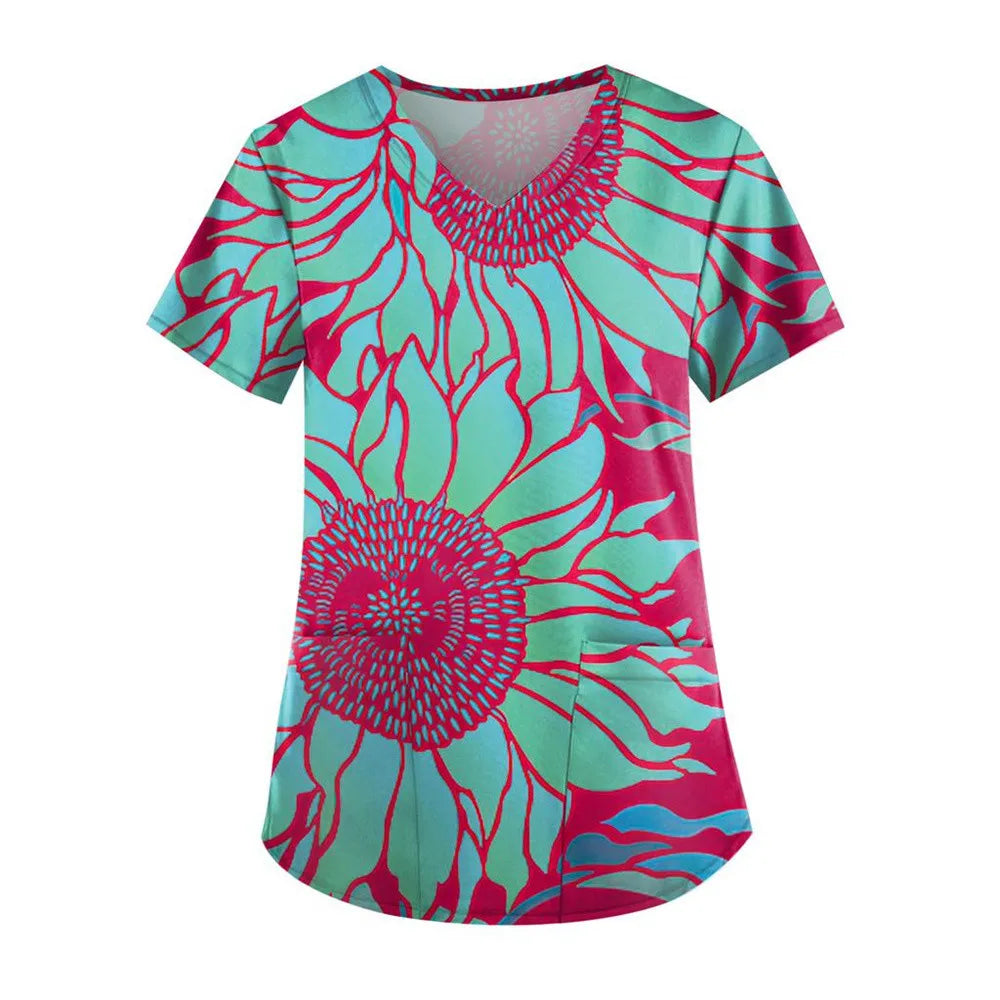 Flirty Floral V Neck T-shirt - Short Sleeve Medical Top with Stylish Pocket - Perfect for Spring & Summer - Womens Casual Comfor