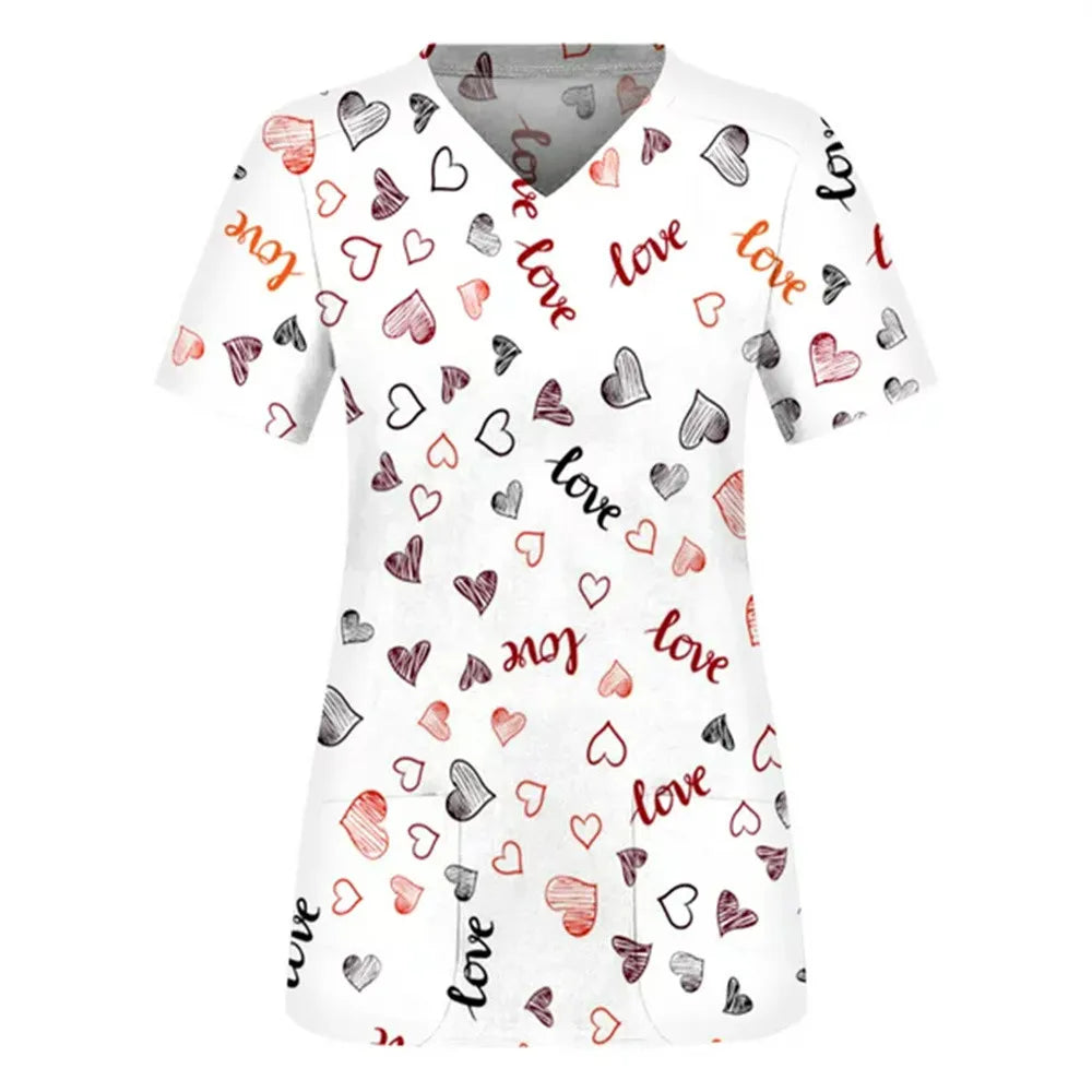 Nurse Uniform Love Heart Print Pocket V-Neck Nursing Scrubs Tops Workwear T-shirt Women Fashion Overalls Medical Uniforms