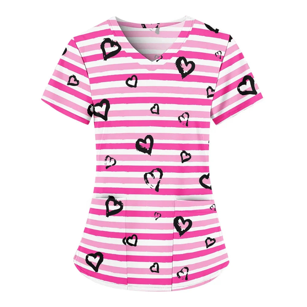 Nurse Uniform Women Valentines Day Love Print Gradient Short Sleeve Pocket Work Shirt Tunics Uniform Medical Nursing Scrubs Tops