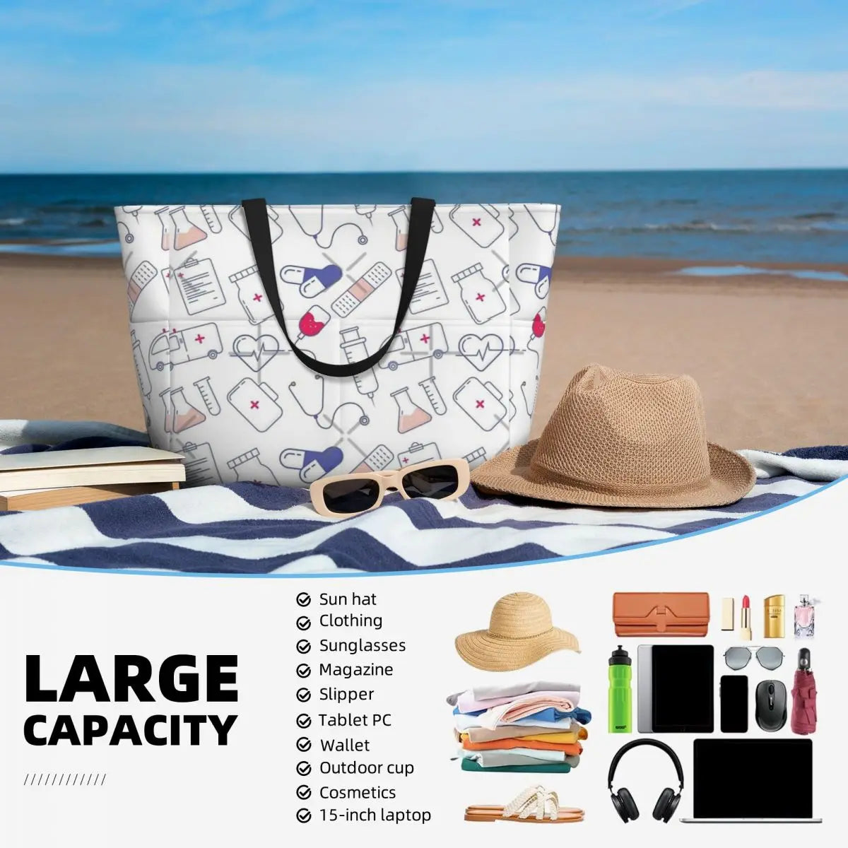 Medical Pattern Gift For Healthcare Worker Beach Travel Bag, Tote Bag Personality Shopping Out Shoulder Bag Multi-Style Pattern