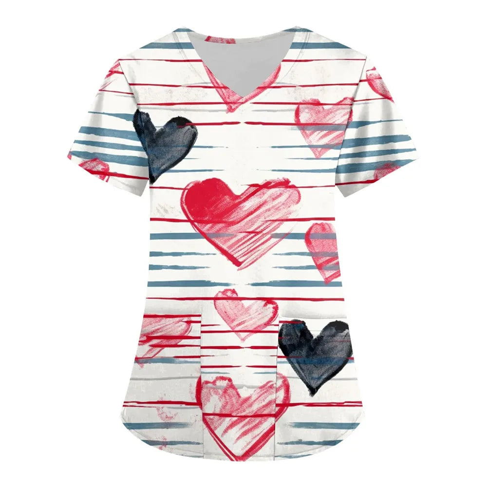 Nurse Uniform Love Heart Print Pocket V-Neck Nursing Scrubs Tops Workwear T-shirt Women Fashion Overalls Medical Uniforms