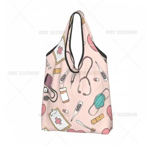 Nurse Love Pink Pattern Shopper Bag Portable Supermarket Bag Cute Tote Bag No Zipper  Fashion Reusable Shopping Bag Print