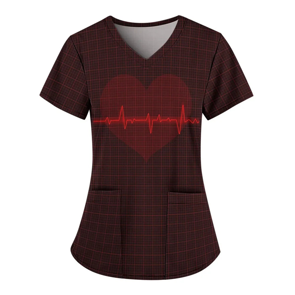 Nurse Uniform Women Valentines Day Love Print Gradient Short Sleeve Pocket Work Shirt Tunics Uniform Medical Nursing Scrubs Tops