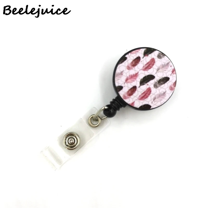 Black Pink Leaves Feather Horizontal Cute Card Cover Clip Lanyard Retractable Student Nurse Badge ID Card Badge Holder accessory