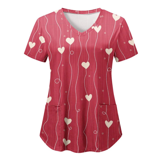 Tops Women Scrub Nurse Print Short Sleeve Cartoon V-Neck Tops Working T-Shirts Heart Print Healthcare Tunic Carers Workwear Tops