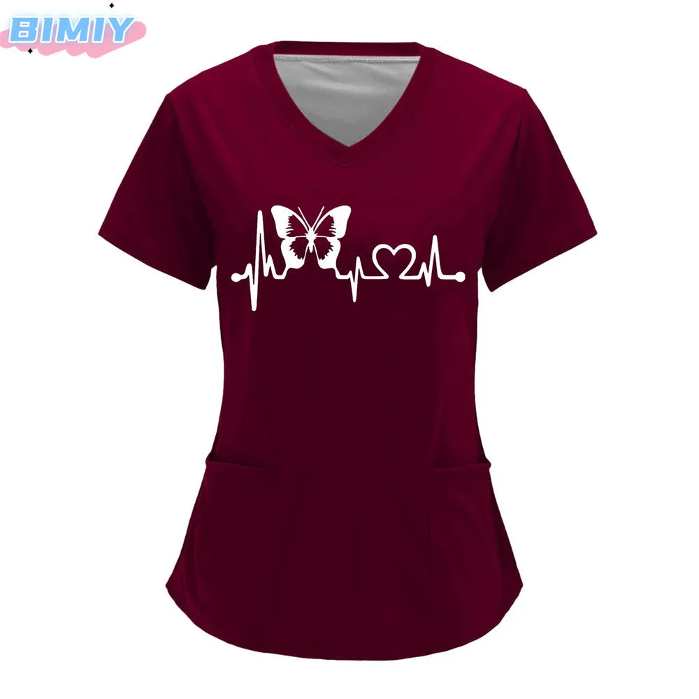 Letter Love Heart Nurse Uniform Print Tops V-Neck Pocket Medical Uniforms Nursing Scrubs Tops Working Clothes uniforme enfermera