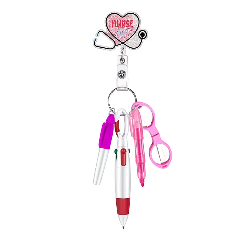 5-in-1 Cute Nurse Pen Set Medical Retractable Scroll Easy to Pull Buckle ID Buckle Acrylic Badge Clip