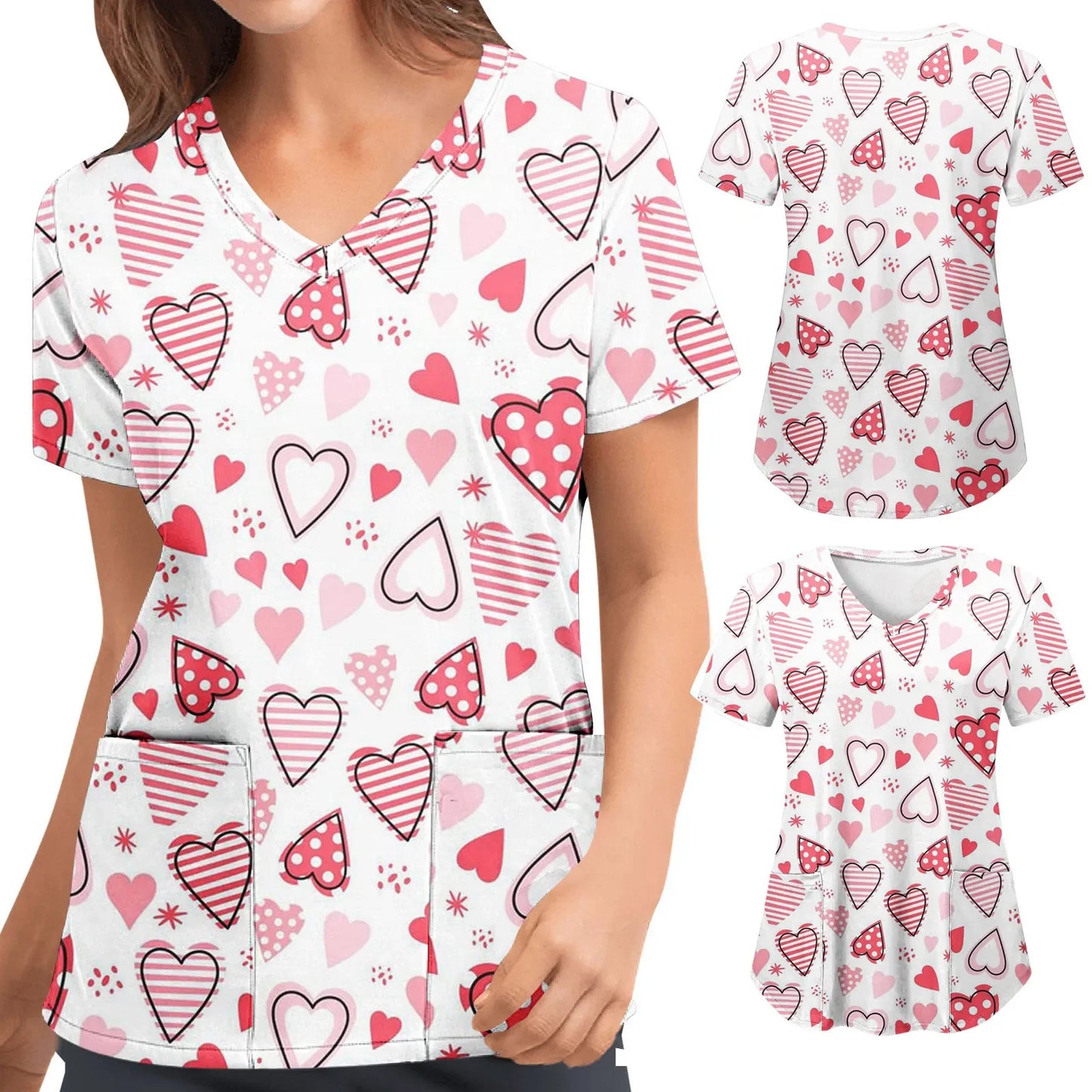 Womens Scrubs Nursing Top Cute Heart Printed Short Sleeve Neck Tops Care Working Uniform Blouse Shirt Nurse Pockets Uniforme