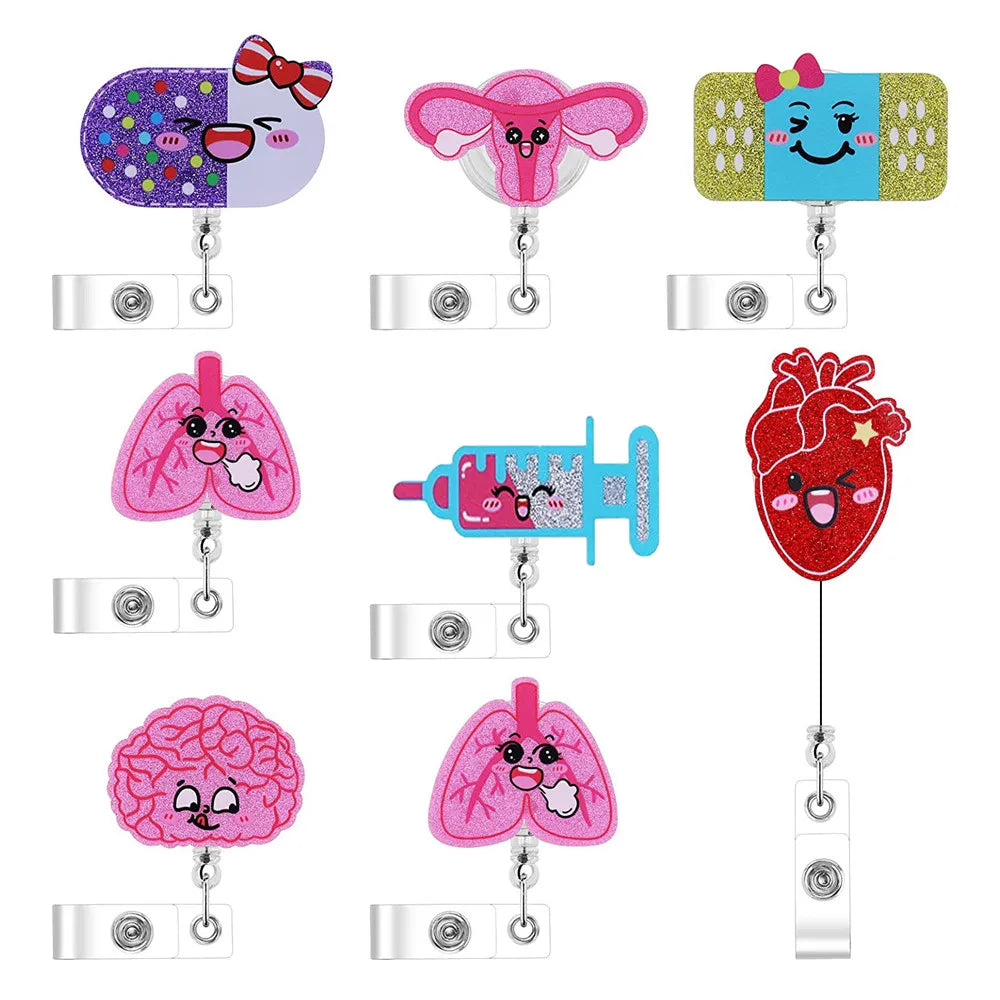 Fashion Cute Cartoon Heart Retractable Nurse Badge Reel Clip Badge Holder Students Doctor ID Card Holder Badge Clip Keychain