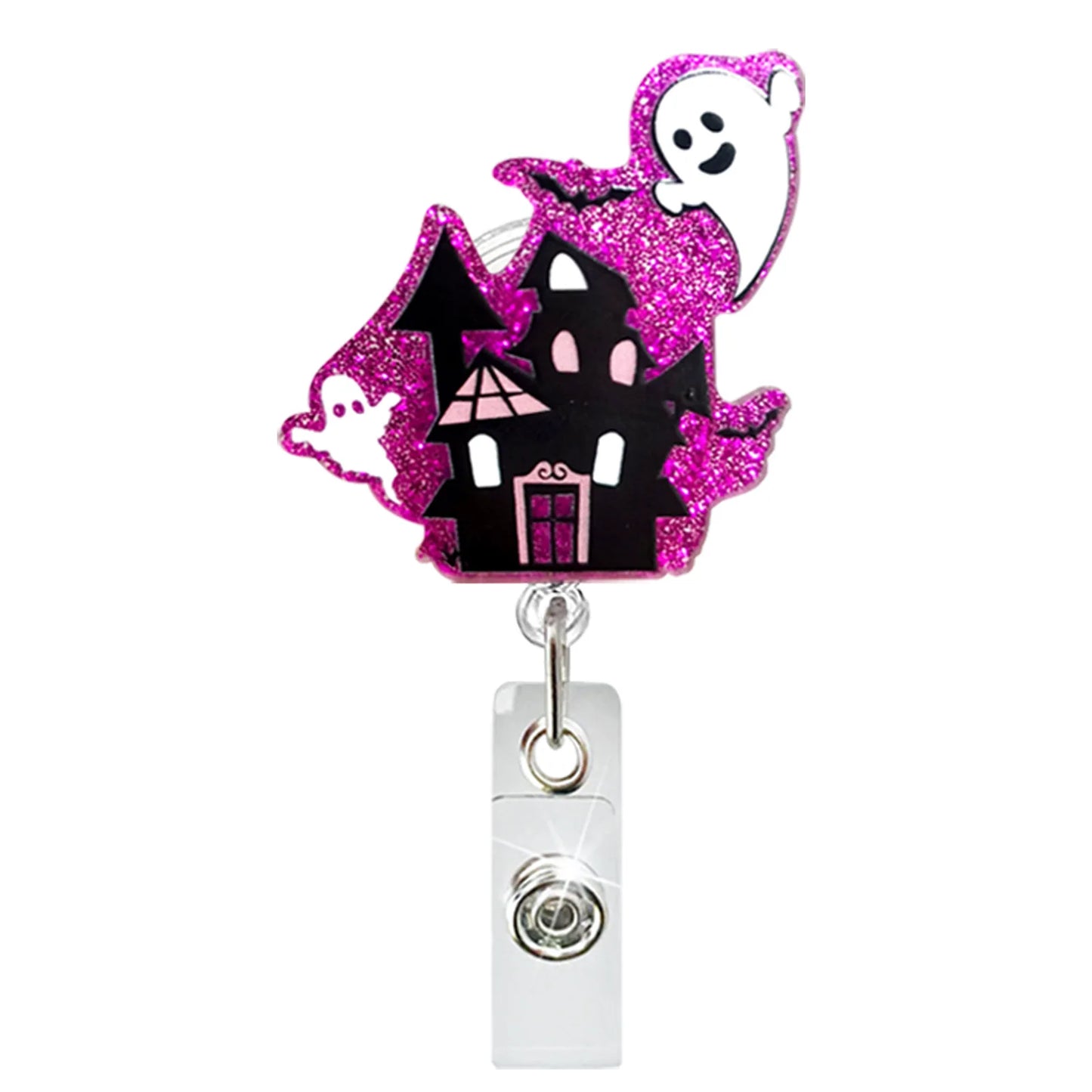 Acrylic Glitter Halloween Ghost Pumpkin Cat Retractable Badge Reel Rotating ID Badge Holder Crocodile Clip for Doctor and Nurse