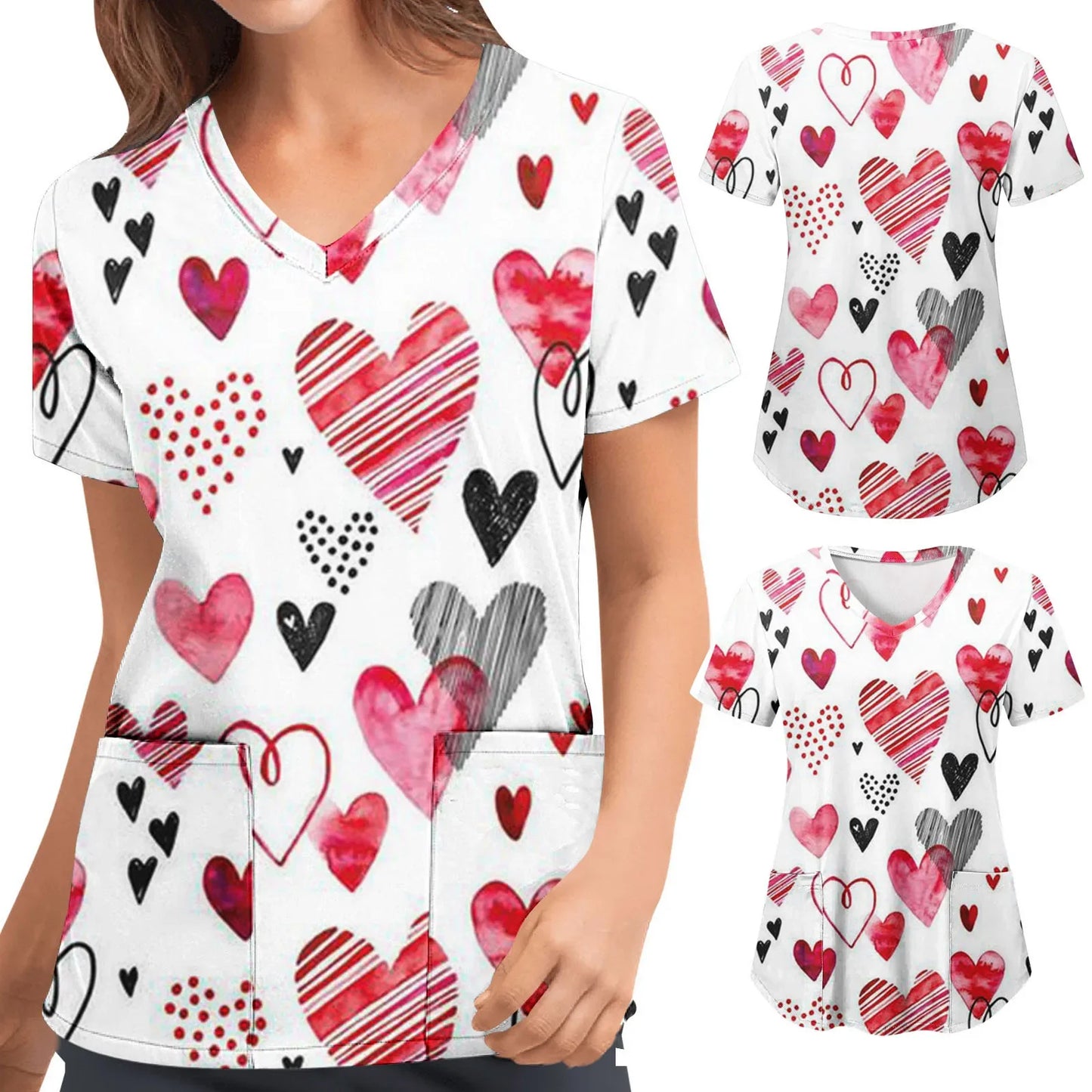 Womens Scrubs Nursing Top Cute Heart Printed Short Sleeve Neck Tops Care Working Uniform Blouse Shirt Nurse Pockets Uniforme