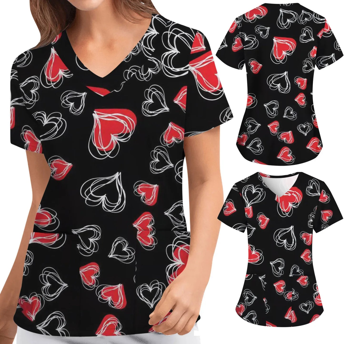 Womens Scrubs Nursing Top Cute Heart Printed Short Sleeve Neck Tops Care Working Uniform Blouse Shirt Nurse Pockets Uniforme