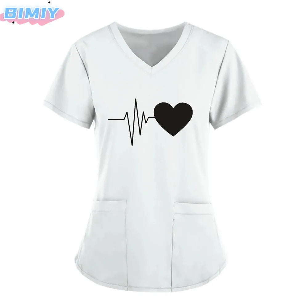 Letter Love Heart Nurse Uniform Print Tops V-Neck Pocket Medical Uniforms Nursing Scrubs Tops Working Clothes uniforme enfermera