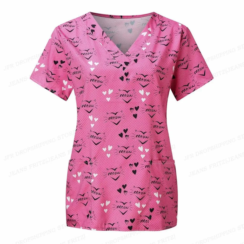 Flower Nurse Uniform Women's V-Neck Pocket Medical Uniforms Butterfly Floral Nursing Scrubs Tops Workwear Uniforme enfermera