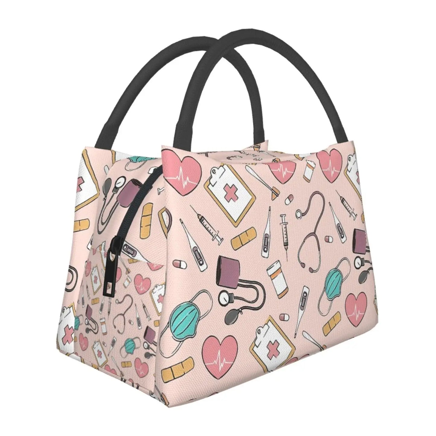 Cute Pink Fresh Cooler Bags Nurse Print Waterproof Oxford Cloth Portable Zipper Thermal Lunch Bags For Women Lunch Food Bags