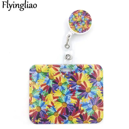 Colorful Sunflower Rainbow Flowers Cute Card Cover Clip Lanyard Retractable Student Nurse Badge Reel Clip Cartoon ID Card Holder