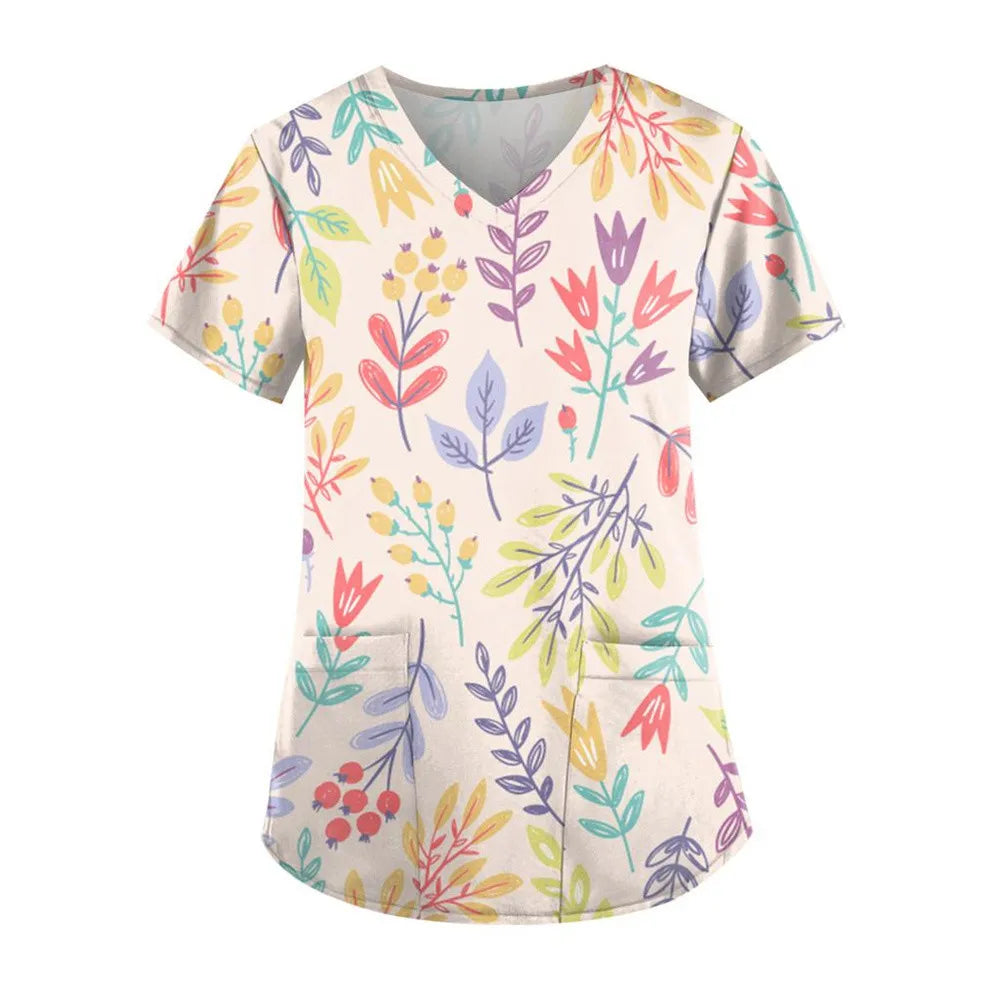 Flirty Floral V Neck T-shirt - Short Sleeve Medical Top with Stylish Pocket - Perfect for Spring & Summer - Womens Casual Comfor