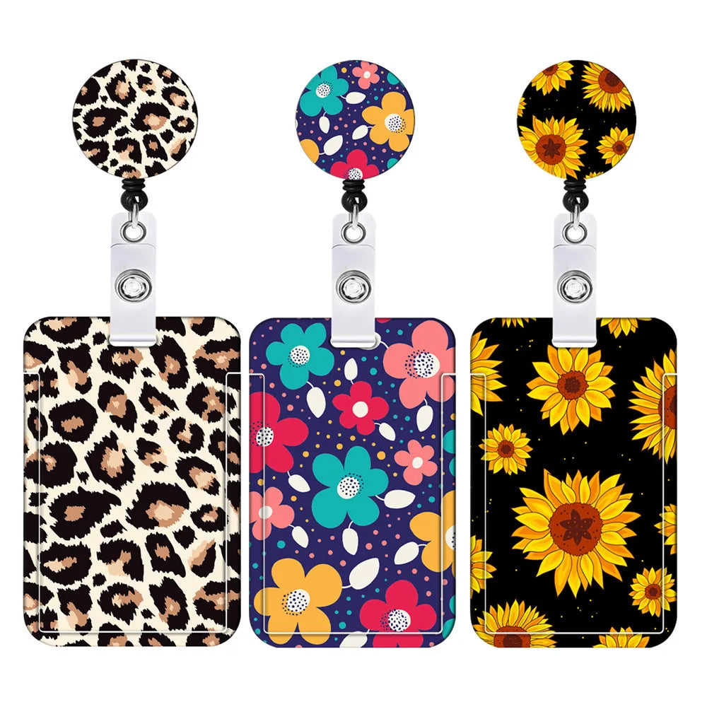 3Pcs/Set Cute Sunflower Leopard Retractable Keychain Nurse Badge Reel Clip Badge Holder Students Doctor ID Card Holder Lanyard