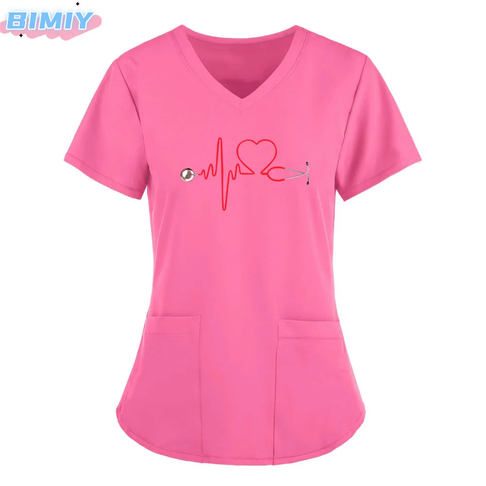 Letter Love Heart Nurse Uniform Print Tops V-Neck Pocket Medical Uniforms Nursing Scrubs Tops Working Clothes uniforme enfermera