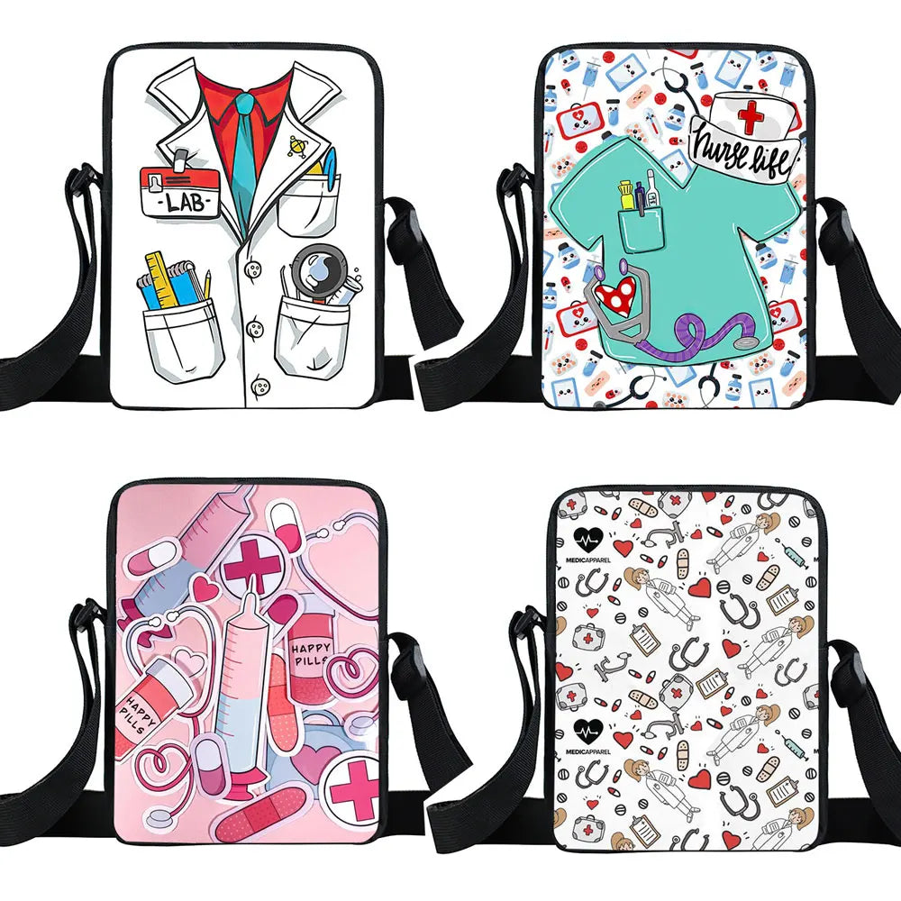 Cute Doctor Nurse Uniform Print Crossbody Bag Women Handbag Medical Stethoscope Syringe Shoulder Bags ECG Hospital Messenger Bag