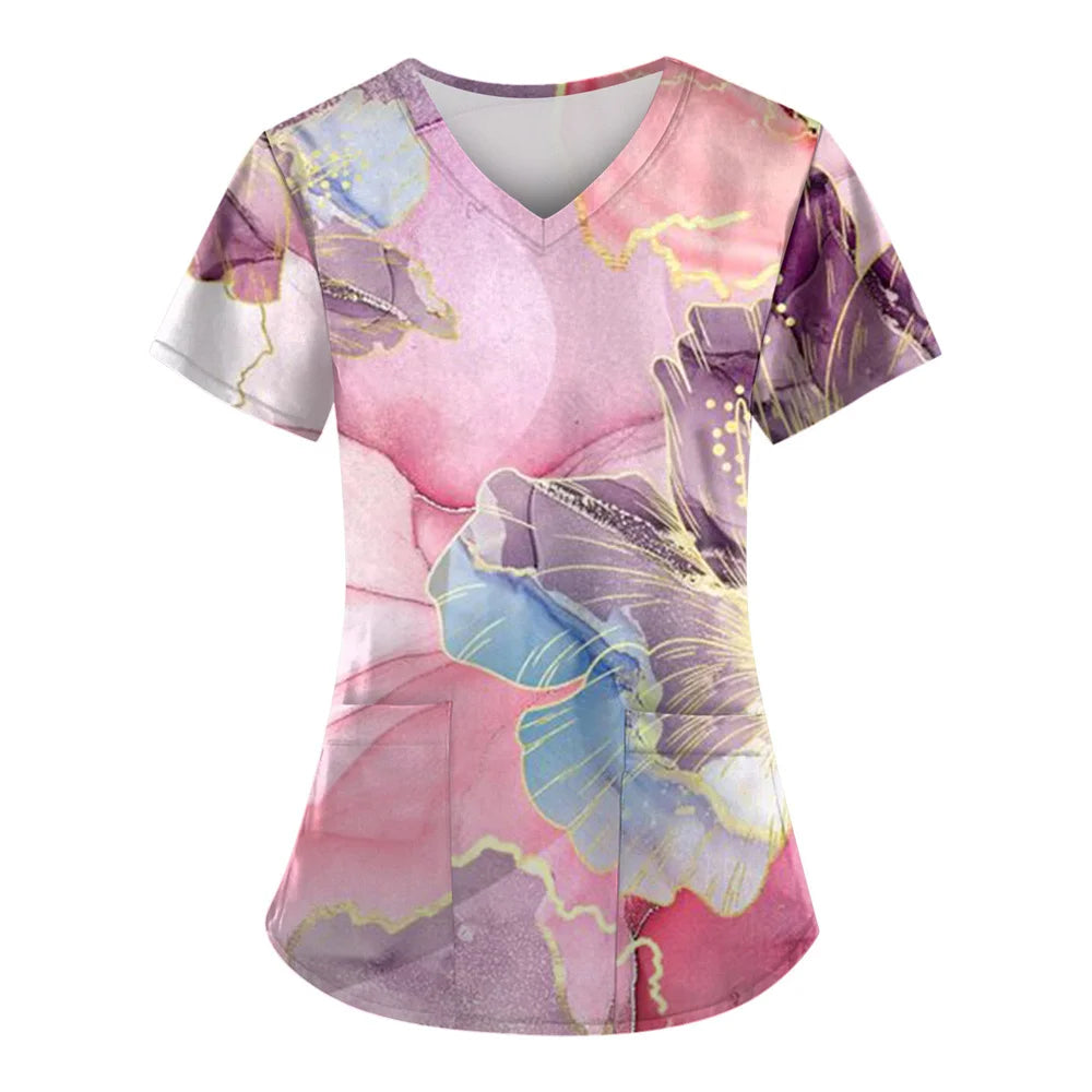 Nurse Uniform Women Medical Nursing Scrubs Tops Short Sleeve Marble Print Working With Pockets Tunics Uniform Nursing Workwear