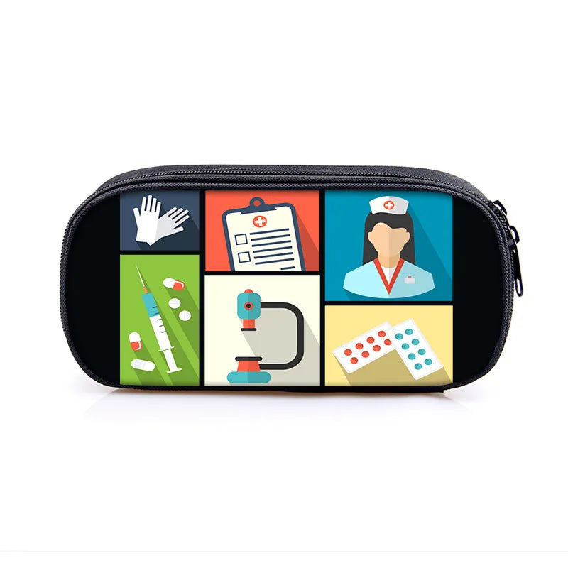 Cute Doctor Nurse Uniform Print Cosmetic Case Pencil Bag Medical Stethoscope Syringe Pencil Box ECG Hospital Stationary Bags