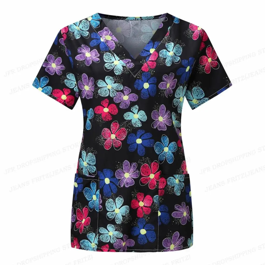 Flower Nurse Uniform Women's V-Neck Pocket Medical Uniforms Butterfly Floral Nursing Scrubs Tops Workwear Uniforme enfermera