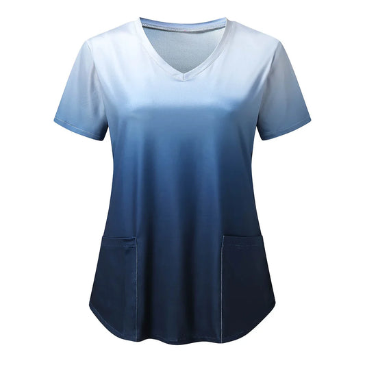 Womens Scrubs Gradient Print Uniforms Carer Work Short Sleeve V Neck Workwear Blouse With Pockets Medical Nursing Carer Uniforms