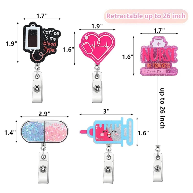 Cute Nurse Badge Reel Cna Badge Holder Retractable-ID Badge Holder With Clip 5 Pcs Acrylic Badge Reel With Alligator Clip