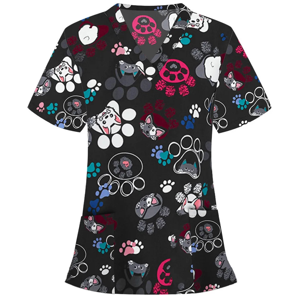 Flirty Floral V Neck T-shirt - Short Sleeve Medical Top with Stylish Pocket - Perfect for Spring & Summer - Womens Casual Comfor