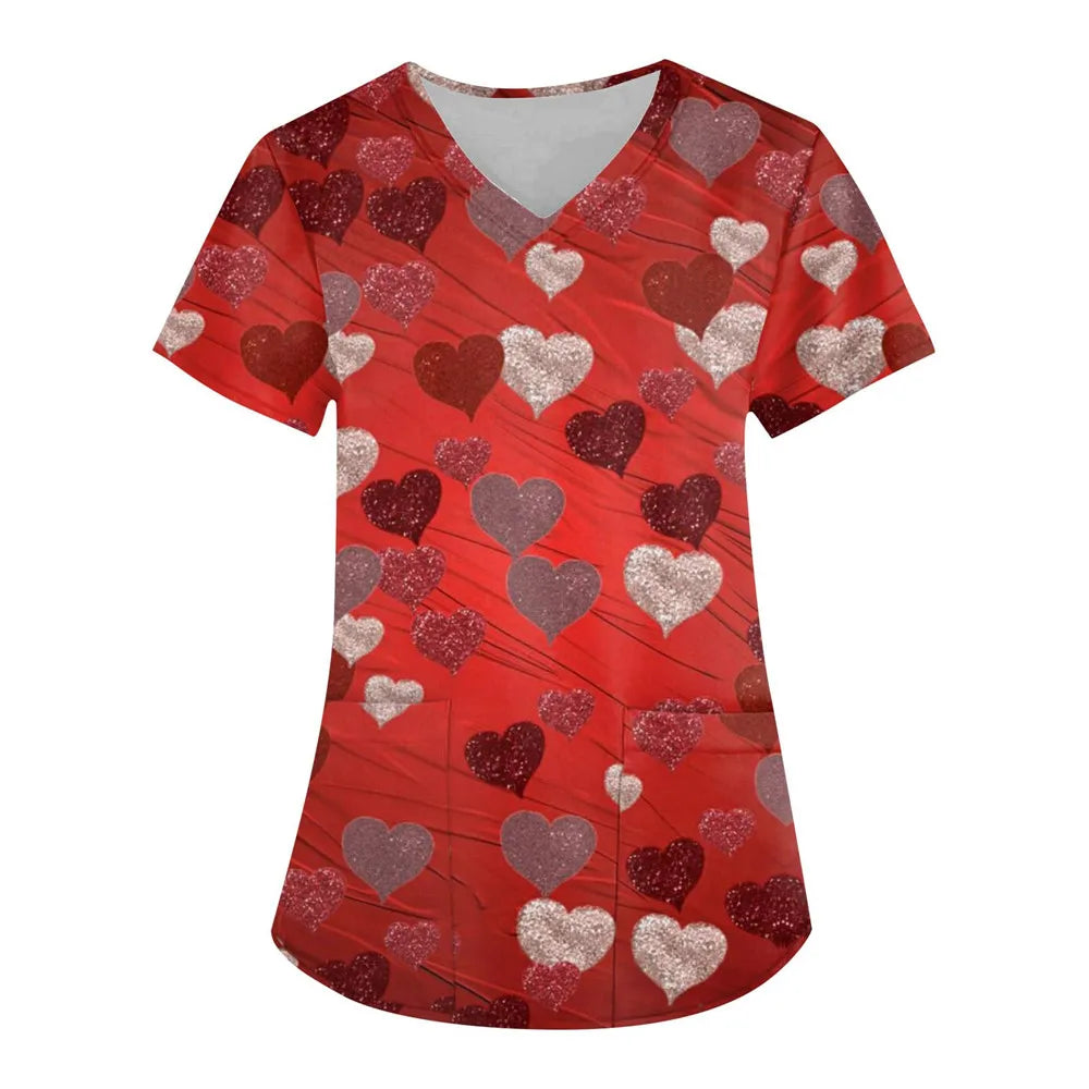 Nurse Uniform Love Heart Print Pocket V-Neck Nursing Scrubs Tops Workwear T-shirt Women Fashion Overalls Medical Uniforms