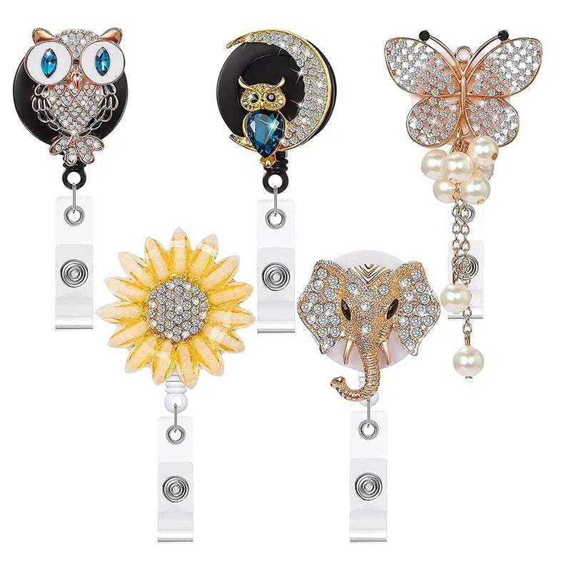 5 Pieces Rhinestone Retractable Badge Reel Cute Animal Name ID Badge Reel Clip For Volunteer Nurse  Teacher