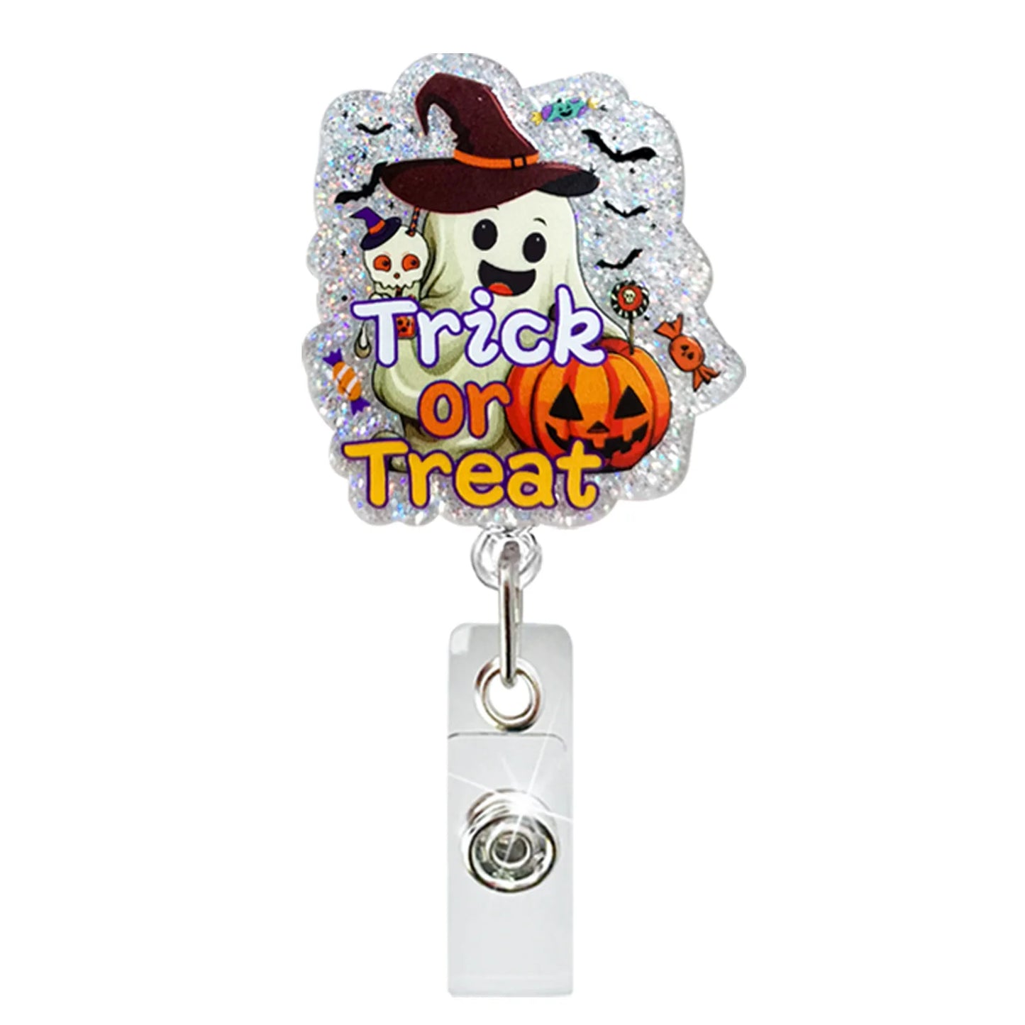 Acrylic Glitter Halloween Ghost Pumpkin Cat Retractable Badge Reel Rotating ID Badge Holder Crocodile Clip for Doctor and Nurse