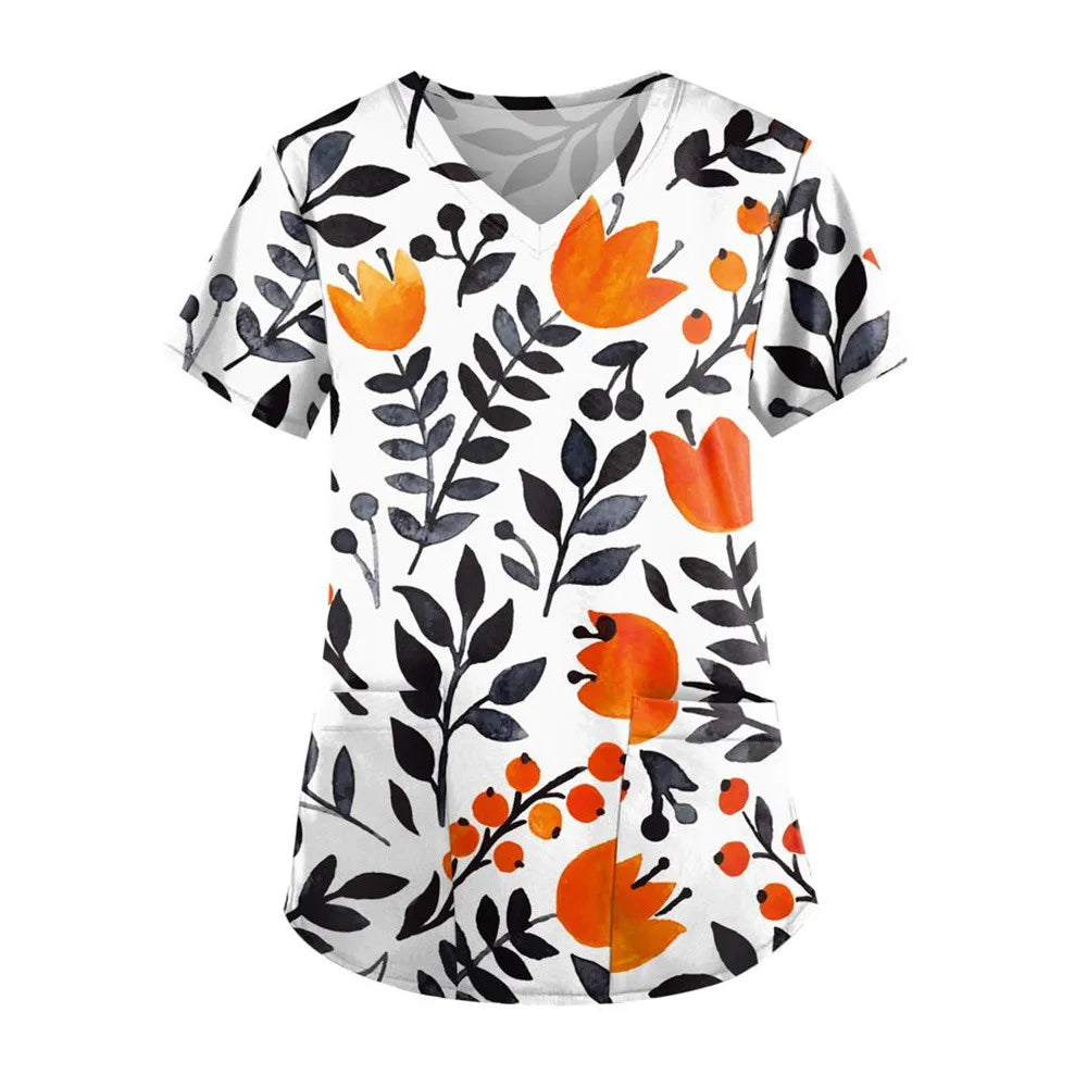 Flirty Floral V Neck T-shirt - Short Sleeve Medical Top with Stylish Pocket - Perfect for Spring & Summer - Womens Casual Comfor