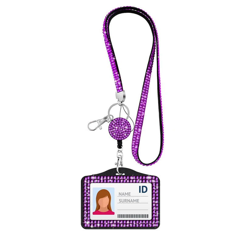 ID Name Badges Protector Case Work Card Case Crystal Retractable Lanyards Card Cover Badge Reel Badge Holder Rhinestone