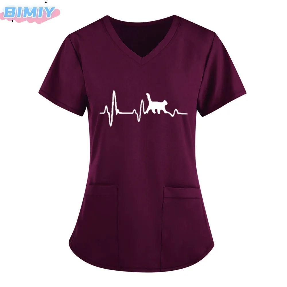 Letter Love Heart Nurse Uniform Print Tops V-Neck Pocket Medical Uniforms Nursing Scrubs Tops Working Clothes uniforme enfermera