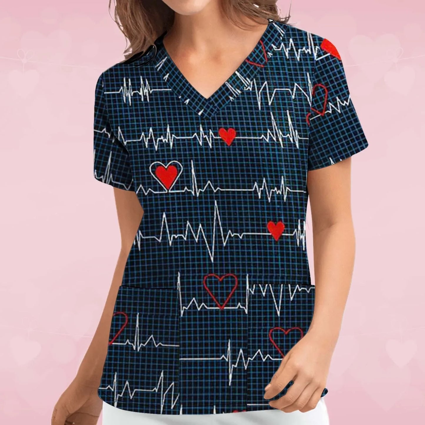 Womens Scrubs Nursing Top Cute Heart Printed Short Sleeve Neck Tops Care Working Uniform Blouse Shirt Nurse Pockets Uniforme