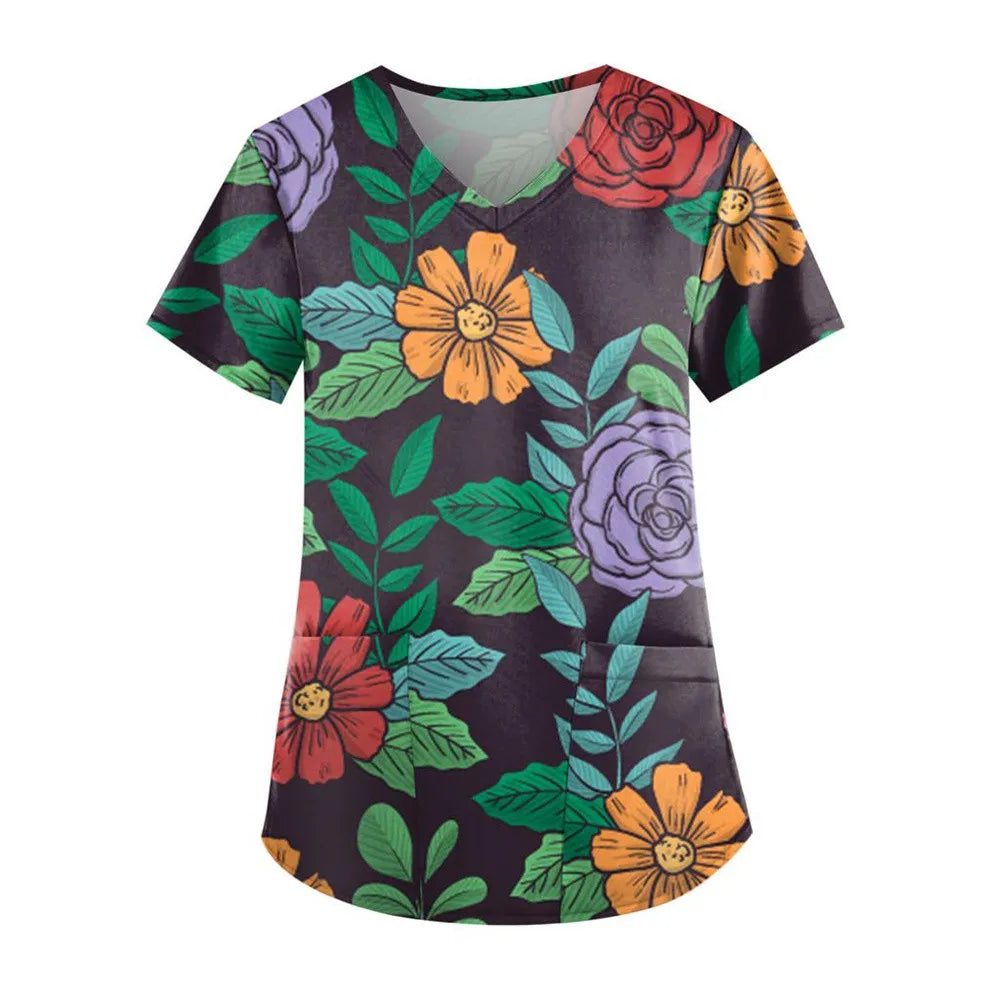 Flirty Floral V Neck T-shirt - Short Sleeve Medical Top with Stylish Pocket - Perfect for Spring & Summer - Womens Casual Comfor