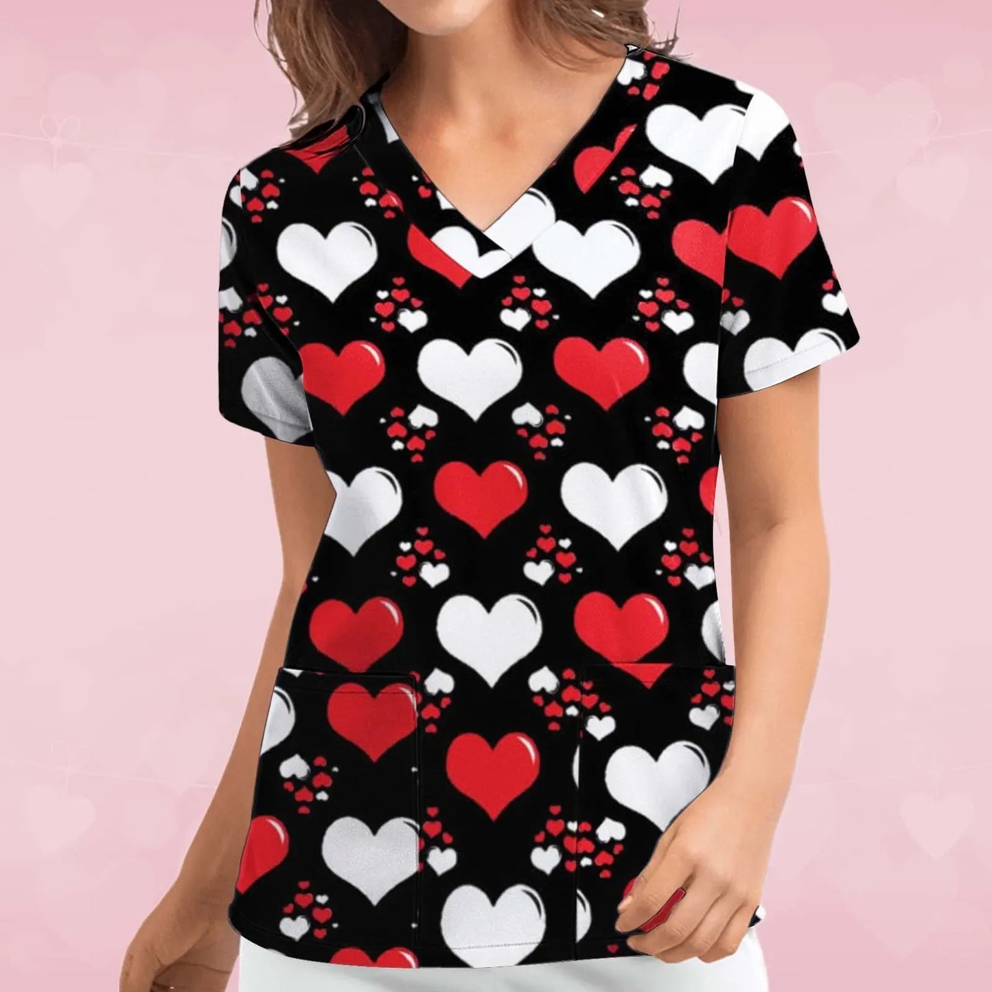 Womens Scrubs Nursing Top Cute Heart Printed Short Sleeve Neck Tops Care Working Uniform Blouse Shirt Nurse Pockets Uniforme