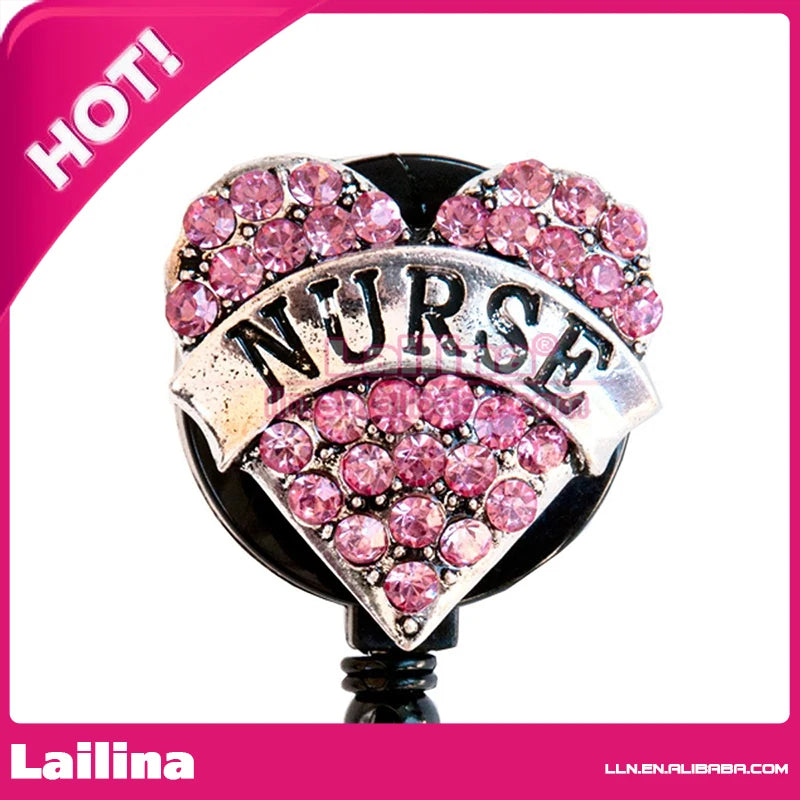 Fashion Decorative Rhinestone Retractable Pink Heart ID Badge Holder/Badge Reel