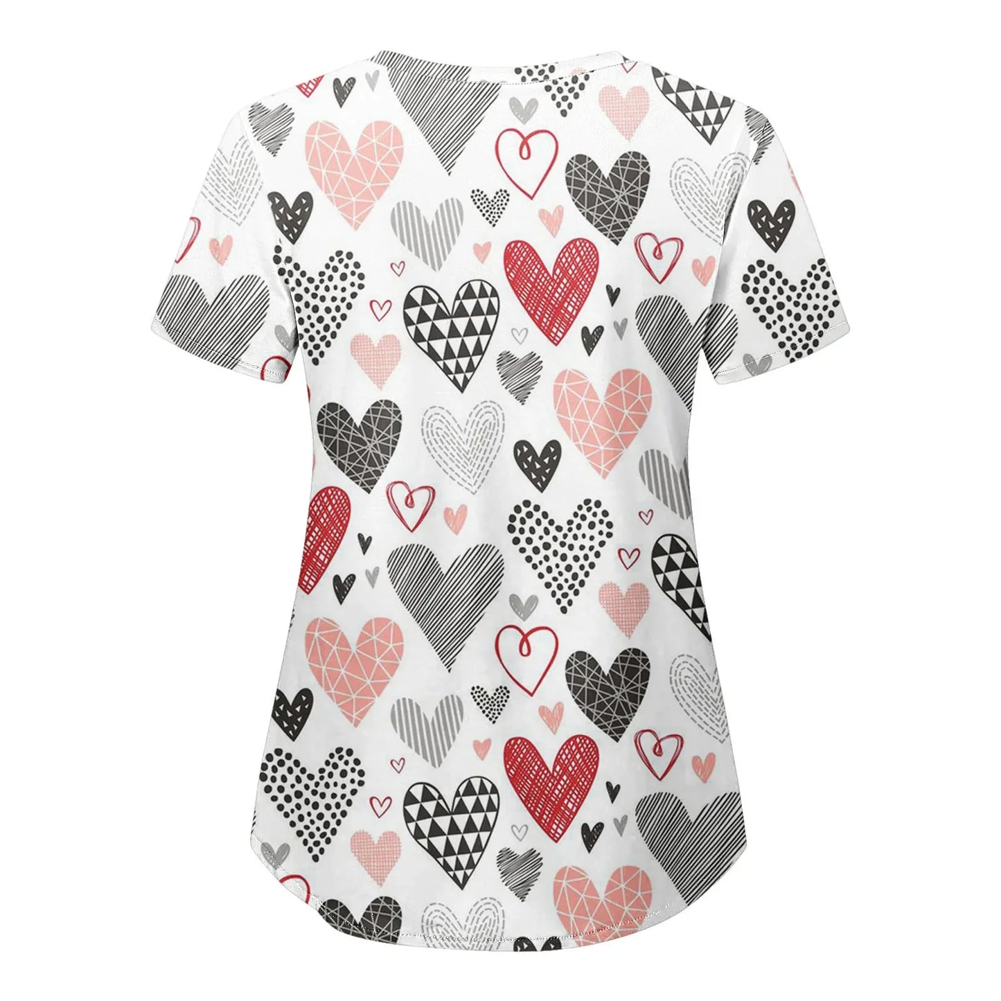 Womens Scrubs Nursing Top Cute Heart Printed Short Sleeve Neck Tops Care Working Uniform Blouse Shirt Nurse Pockets Uniforme