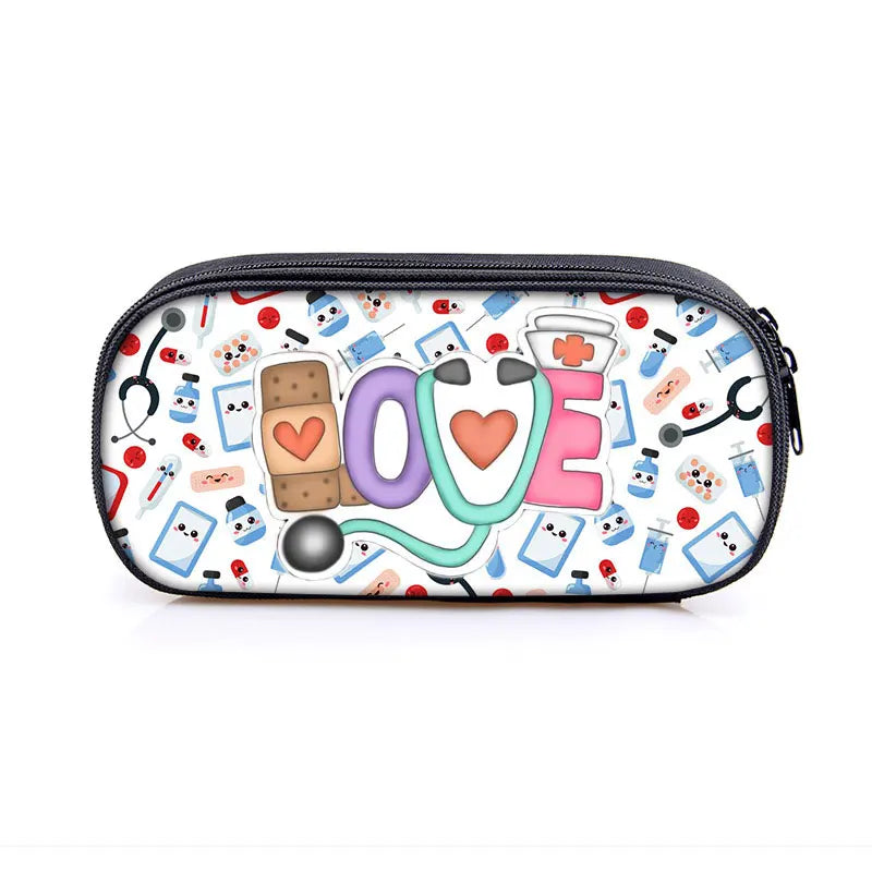 Cute Doctor Nurse Uniform Print Cosmetic Case Pencil Bag Medical Stethoscope Syringe Pencil Box ECG Hospital Stationary Bags