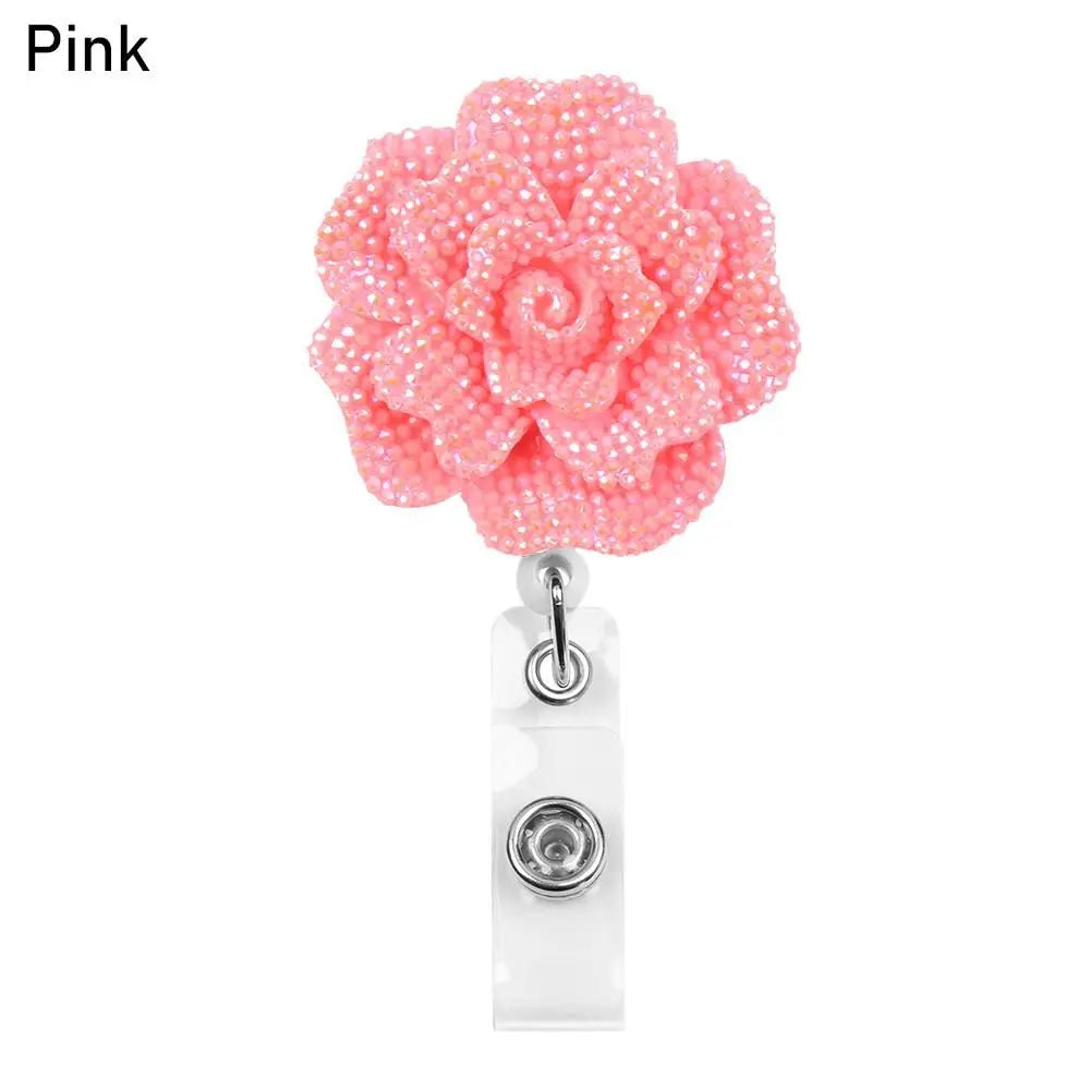 New Rose Shape Design Badge Reel Resin Retractable Nurse ID Card Badge Reel Holder Elegant Floral ID Holder Lanyard Keychains